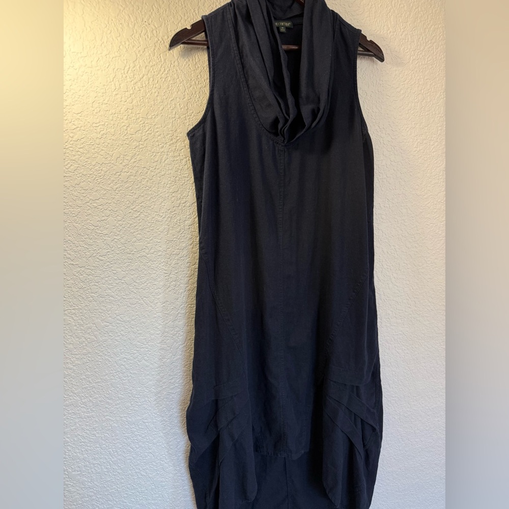 For Cynthia Linen Blend Cowl Neck Dress | Navy Blue | Asymmetrical Hem | - Picture 8 of 10